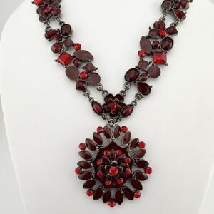 Vintage Style Red Rhinestone Enamel Necklace Black Toned Chain